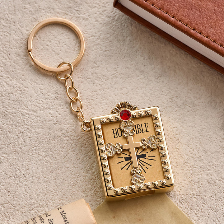 FREE Today: Hollow Heart-Cross Framed Mini Bible Keychain with Top Inlaid Zircon: A Symbol of Sacred Heavenly Promise - Golden & Red - image 3