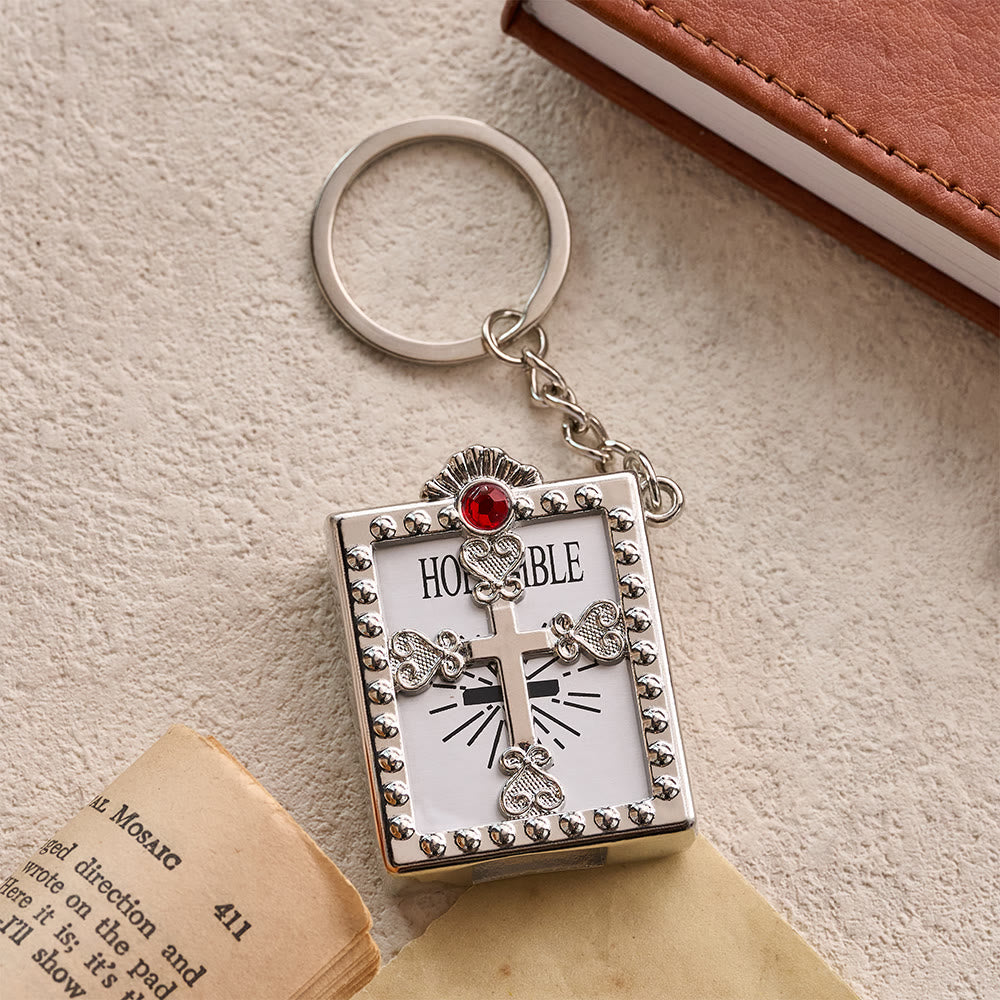 FREE Today: Hollow Heart-Cross Framed Mini Bible Keychain with Top Inlaid Zircon: A Symbol of Sacred Heavenly Promise - Silver & Red - image 5