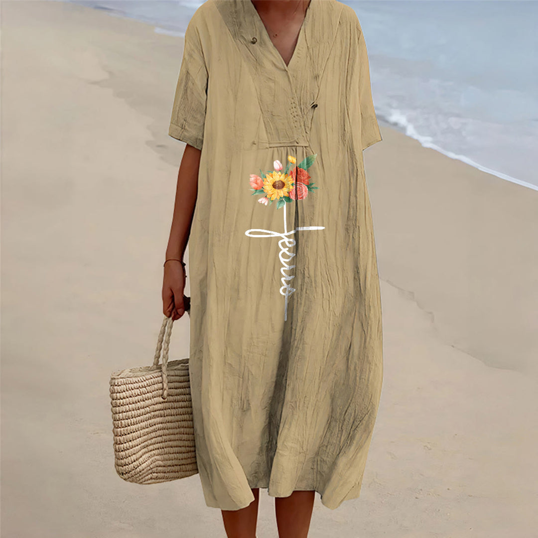 Christianartworkshop Jesus Script Cross & Sunflower Floral V-Neck Short Sleeve Midi Dress - Khaki - 4XL - image 9