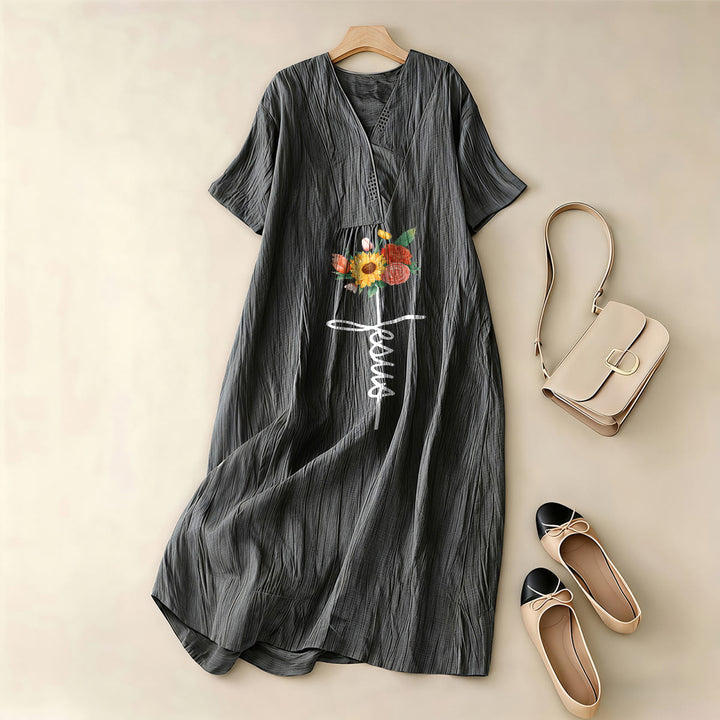 Christianartworkshop Jesus Script Cross & Sunflower Floral V-Neck Short Sleeve Midi Dress - image 2