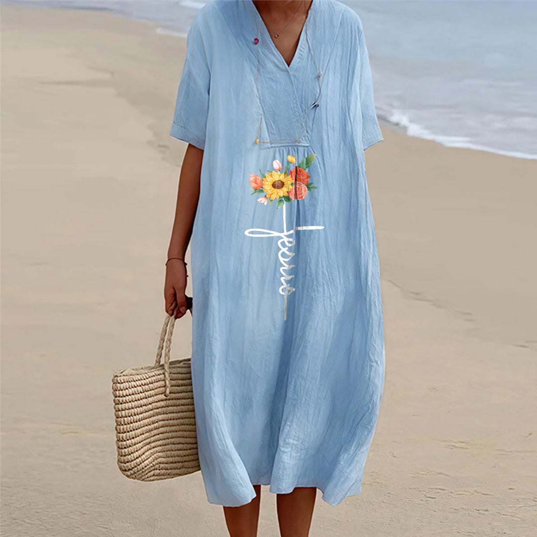 Christianartworkshop Jesus Script Cross & Sunflower Floral V-Neck Short Sleeve Midi Dress - Blue - 4XL - image 3