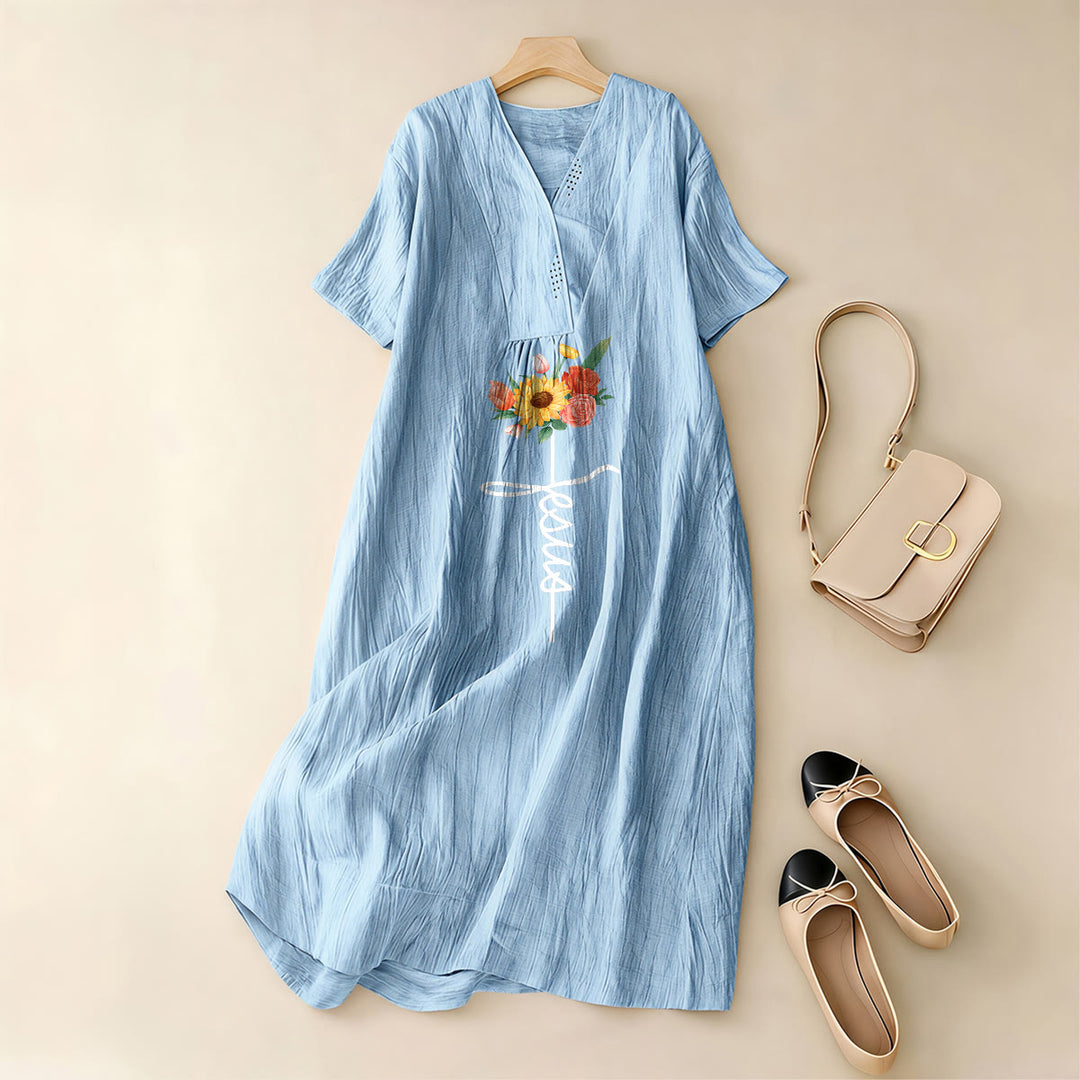 Christianartworkshop Jesus Script Cross & Sunflower Floral V-Neck Short Sleeve Midi Dress - image 5