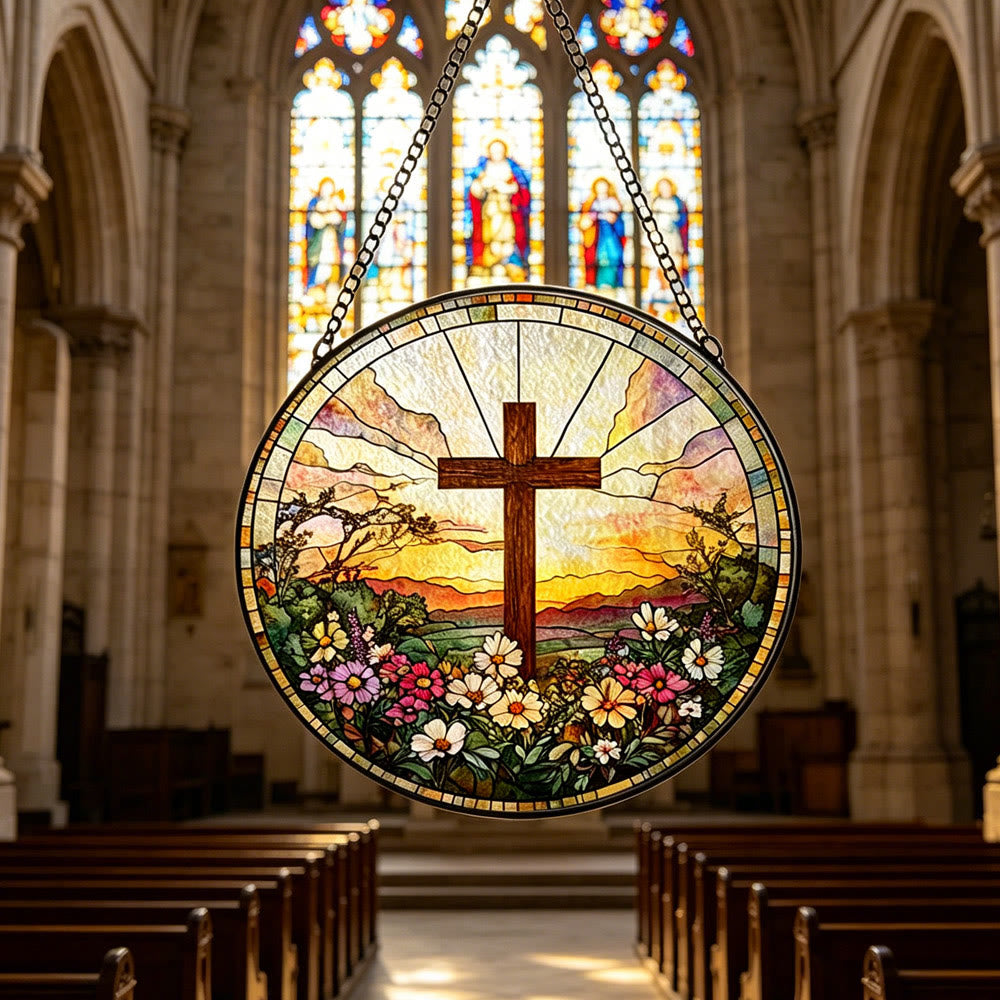 Christianartworkshop Round Stained Glass Cross Sunset Floral Suncatcher Window Hanging: A Symbol of Divine Warmth & Blessing - image 2