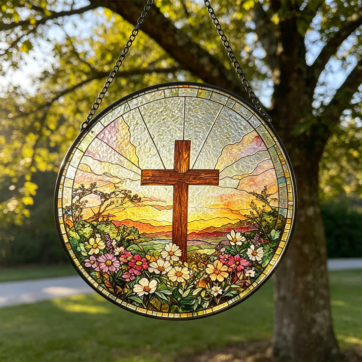 Christianartworkshop Round Stained Glass Cross Sunset Floral Suncatcher Window Hanging: A Symbol of Divine Warmth & Blessing - image 5