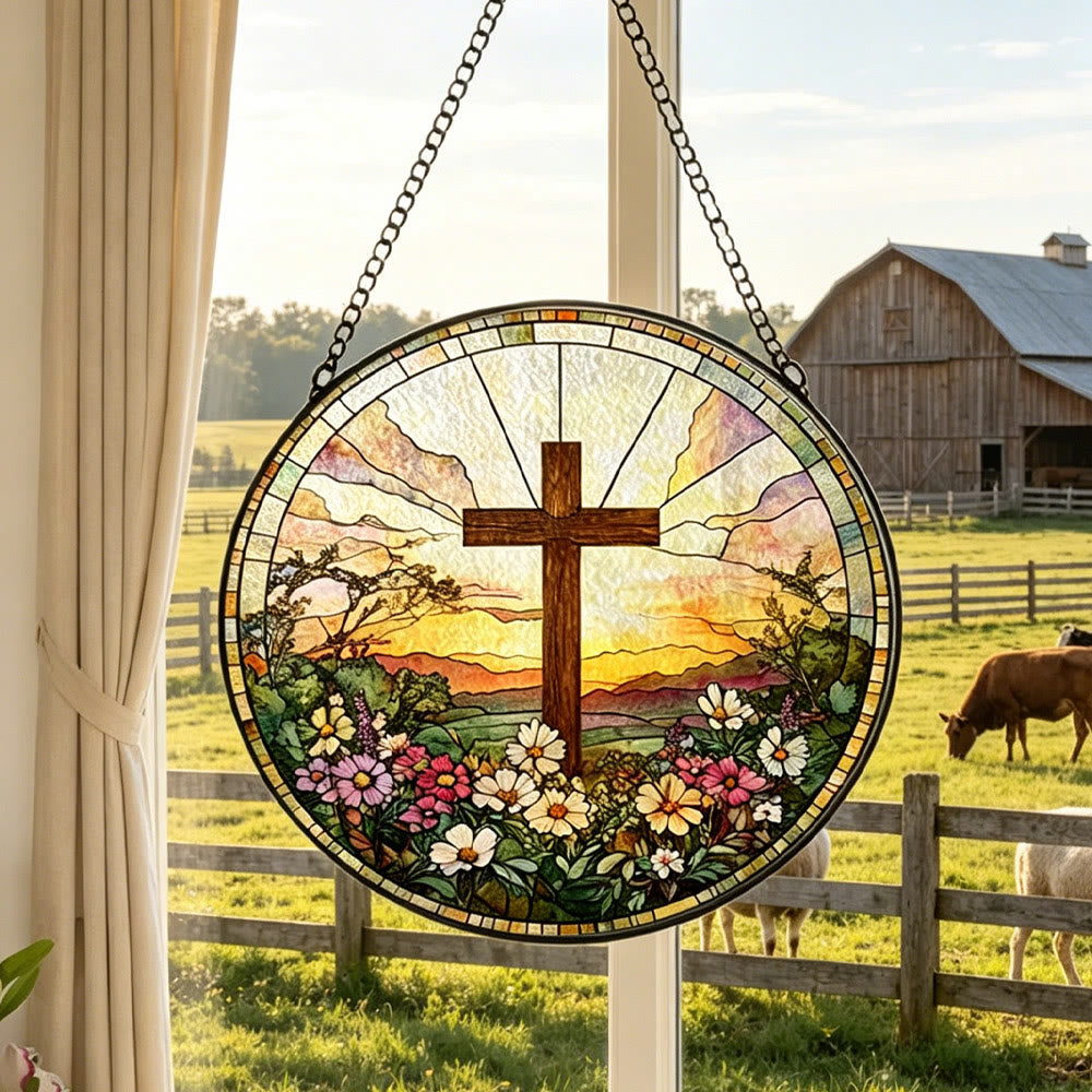 Christianartworkshop Round Stained Glass Cross Sunset Floral Suncatcher Window Hanging: A Symbol of Divine Warmth & Blessing - image 0