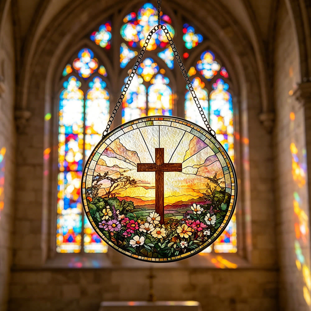 Christianartworkshop Round Stained Glass Cross Sunset Floral Suncatcher Window Hanging: A Symbol of Divine Warmth & Blessing - image 1