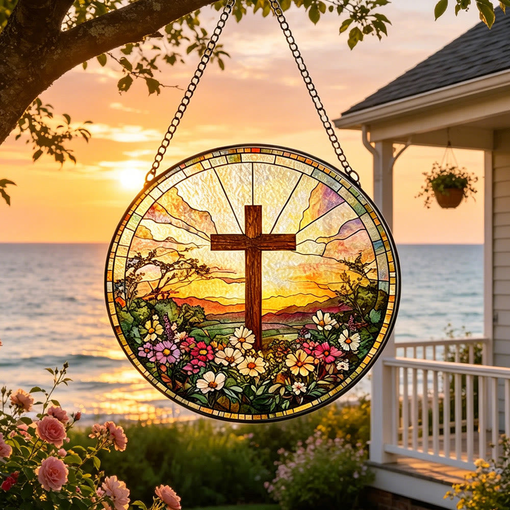 Christianartworkshop Round Stained Glass Cross Sunset Floral Suncatcher Window Hanging: A Symbol of Divine Warmth & Blessing - image 4