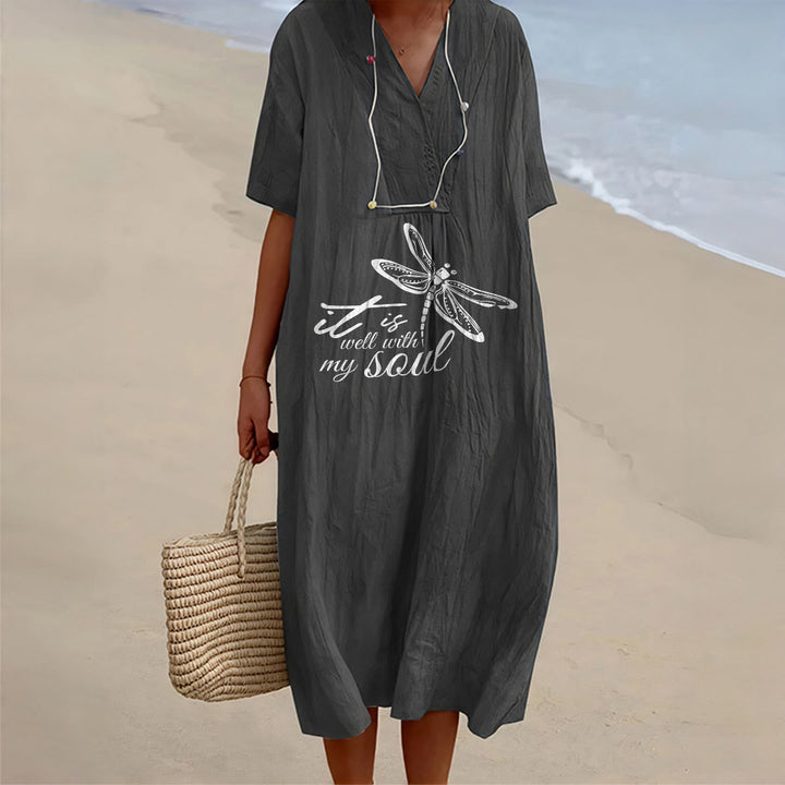 Christianartworkshop Summer Beach Faith Verse Dragonfly V-Neck Short Sleeve Midi Dress - Black - 4XL - image 3