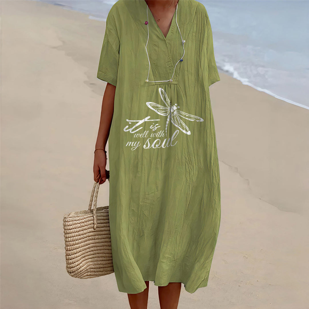 Christianartworkshop Summer Beach Faith Verse Dragonfly V-Neck Short Sleeve Midi Dress - Olive Green - 4XL - image 15