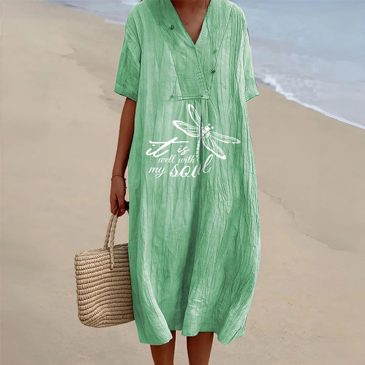 Christianartworkshop Summer Beach Faith Verse Dragonfly V-Neck Short Sleeve Midi Dress - Green - 4XL - image 0