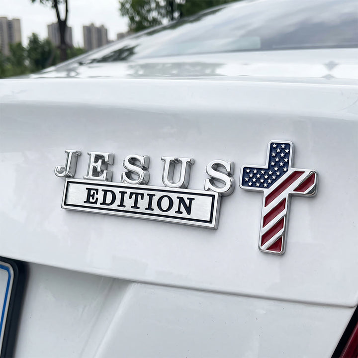 Christianartworkshop 3D Metal Jesus Edition Letter Car Emblem with US Flag Pattern Cross: A Symbol of Faith & National Honor - American Flag Cross - Silver & Black Jesus - image 2