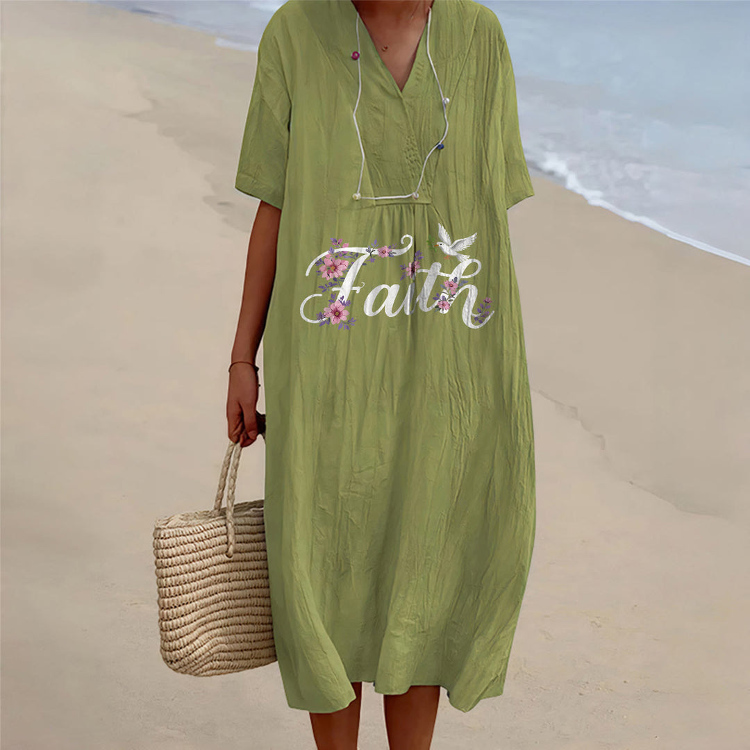 Christianartworkshop Faith Script White Dove & Blossom Print V-Neck Beach Midi Dress - Olive Green - 4XL - image 15
