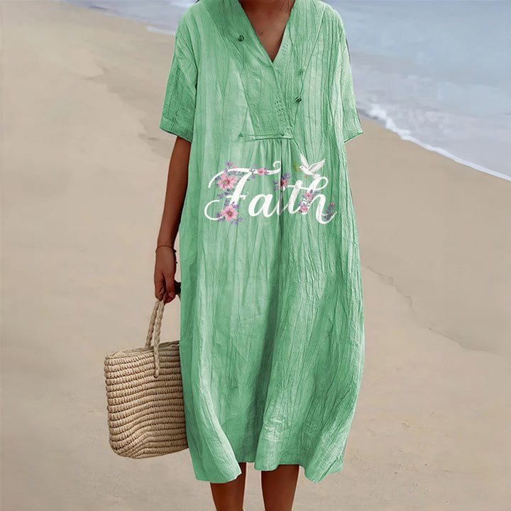 Christianartworkshop Faith Script White Dove & Blossom Print V-Neck Beach Midi Dress - Green - 4XL - image 3