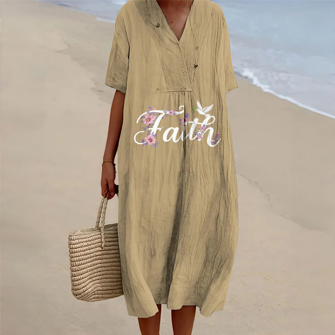 Christianartworkshop Faith Script White Dove & Blossom Print V-Neck Beach Midi Dress - Khaki - 4XL - image 12