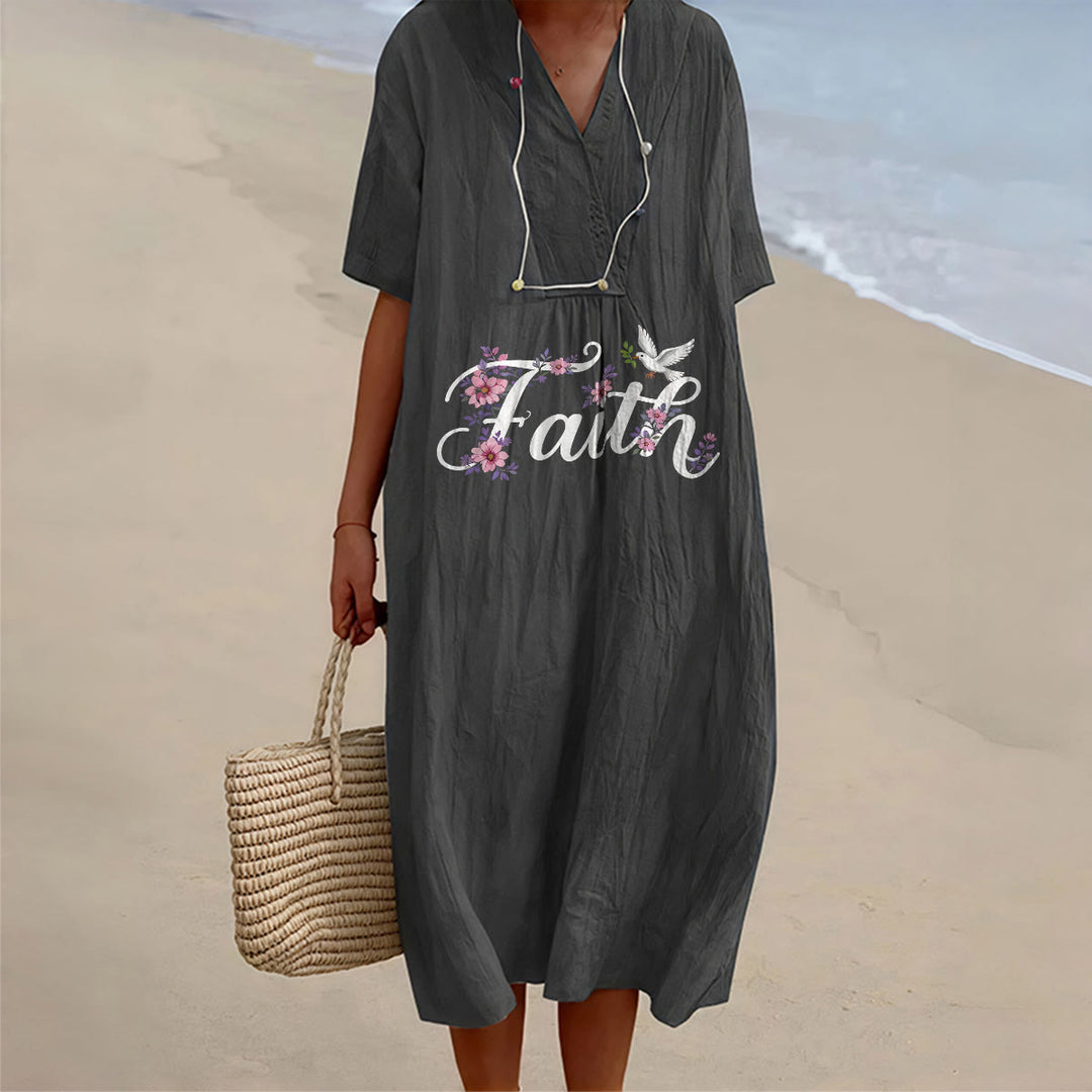 Christianartworkshop Faith Script White Dove & Blossom Print V-Neck Beach Midi Dress - Black - 4XL - image 6