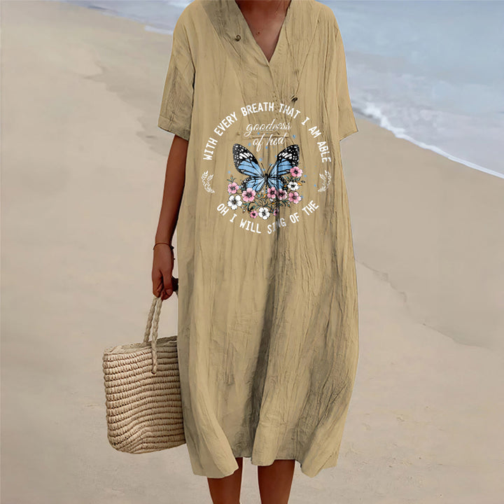 Christianartworkshop Bible Verse Butterfly & Floral Wreath V-Neck Short Sleeve Midi Dress - Khaki - 4XL - image 0