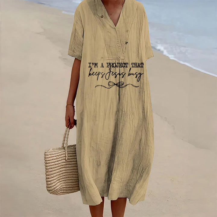 Christianartworkshop "I'm A Project That Keeps Jesus Busy" Bow Detail V-Neck Short Sleeve Midi Dress - Khaki - 4XL - image 12