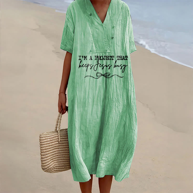 Christianartworkshop "I'm A Project That Keeps Jesus Busy" Bow Detail V-Neck Short Sleeve Midi Dress - Green - 4XL - image 6