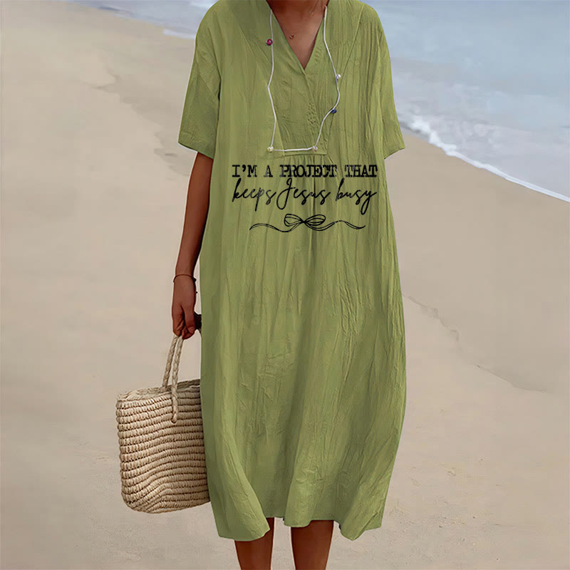 Christianartworkshop "I'm A Project That Keeps Jesus Busy" Bow Detail V-Neck Short Sleeve Midi Dress - Olive Green - 4XL - image 15