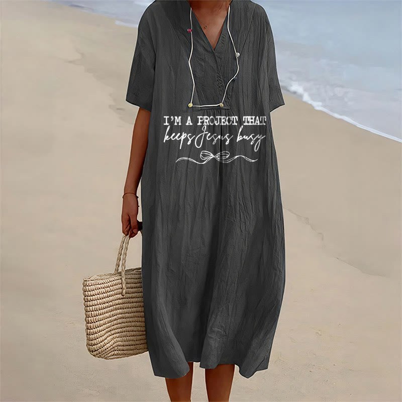 Christianartworkshop "I'm A Project That Keeps Jesus Busy" Bow Detail V-Neck Short Sleeve Midi Dress - Black - 4XL - image 9