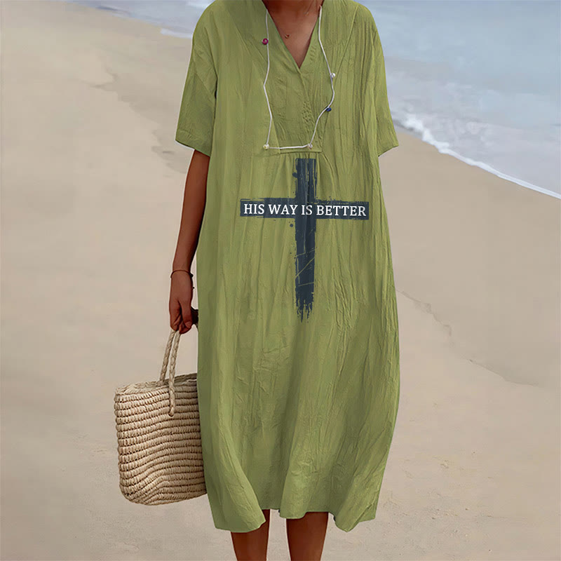 Christianartworkshop "His Way Is Better" Vintage Cross Print V-Neck Short Sleeve Midi Dress - Olive Green - 4XL - image 0