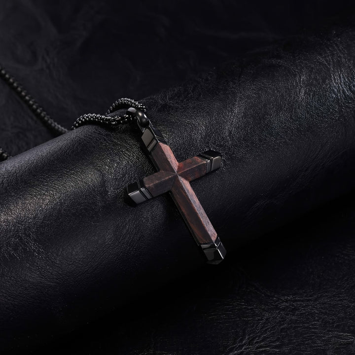 Christianartworkshop Two-Tone Stainless Steel Inlaid Solid Wood Cross Pendant Box Chain Necklace - image 3