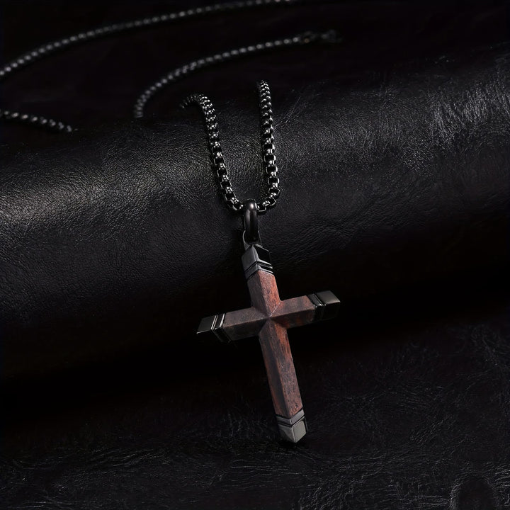 Christianartworkshop Two-Tone Stainless Steel Inlaid Solid Wood Cross Pendant Box Chain Necklace - image 2