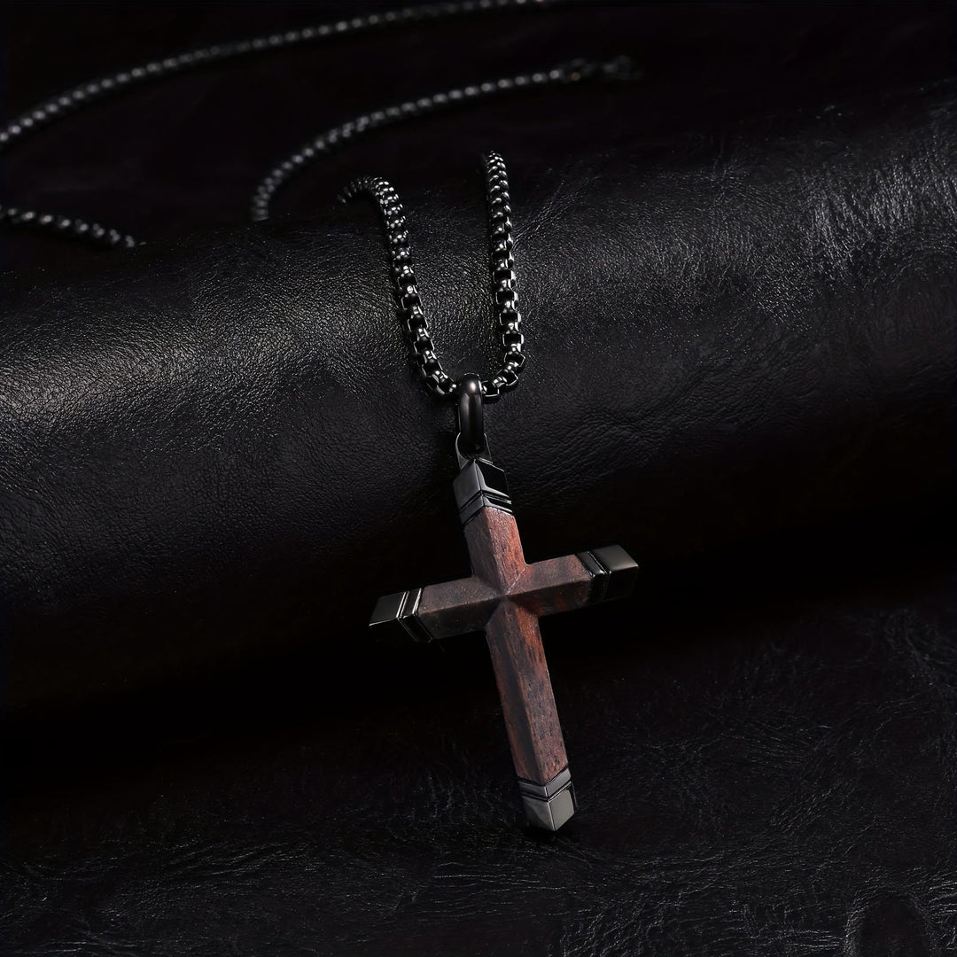 FREE Today: Multicolor Stainless Steel Inlaid Solid Wood Cross Pendant Box Chain Necklace - image 2