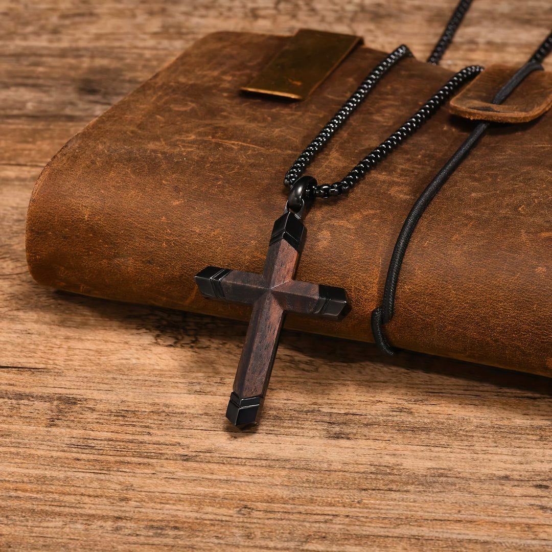 FREE Today: Two-Tone Stainless Steel Inlaid Solid Wood Cross Pendant Box Chain Necklace - Sandalwood - Black - image 0