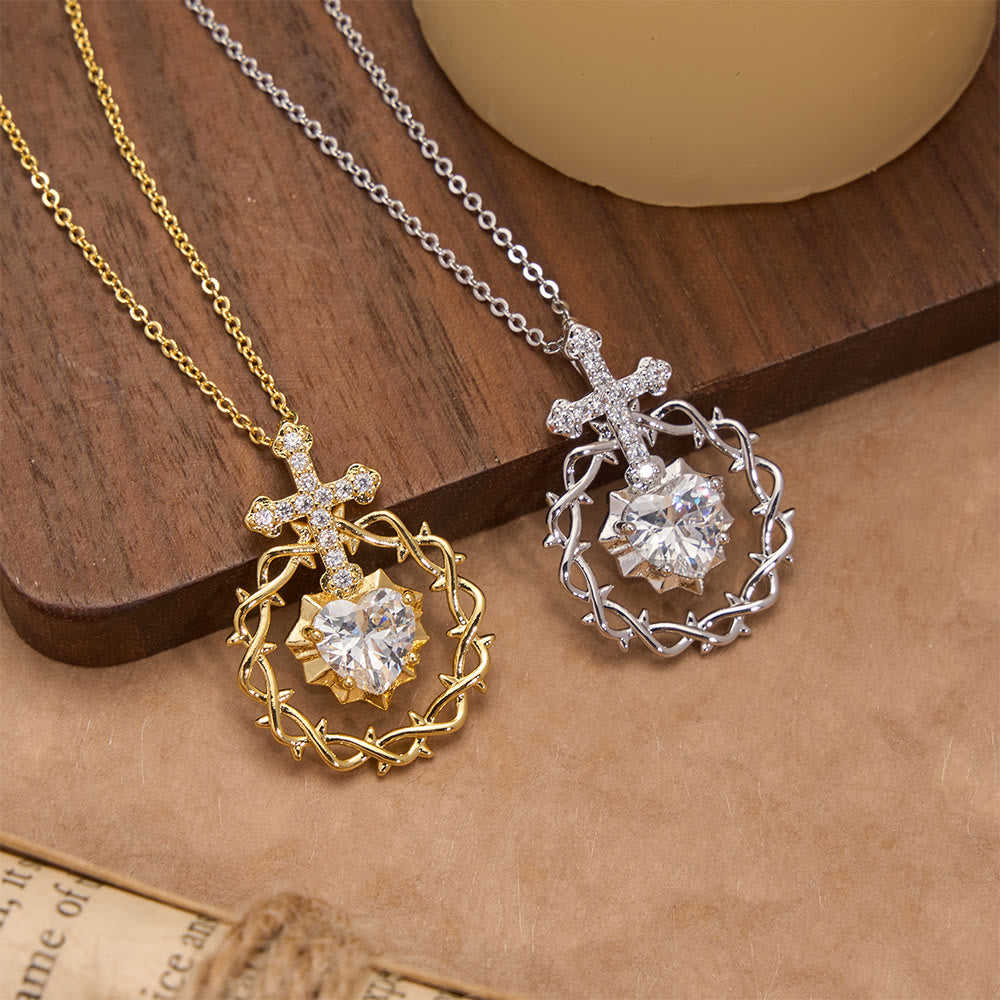 Christianartworkshop Pavé Zircon Cross with Thorn Wreath & Heart-Cut Gem Pendant Necklace: A Symbol of Sacred Redeeming Love - image 0