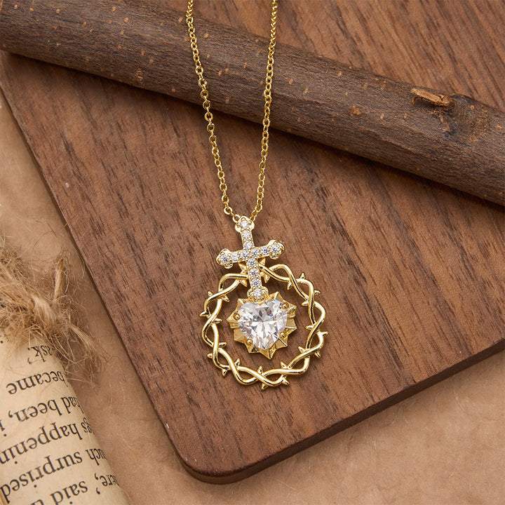 Christianartworkshop Pavé Zircon Cross with Thorn Wreath & Heart-Cut Gem Pendant Necklace: A Symbol of Sacred Redeeming Love - image 3