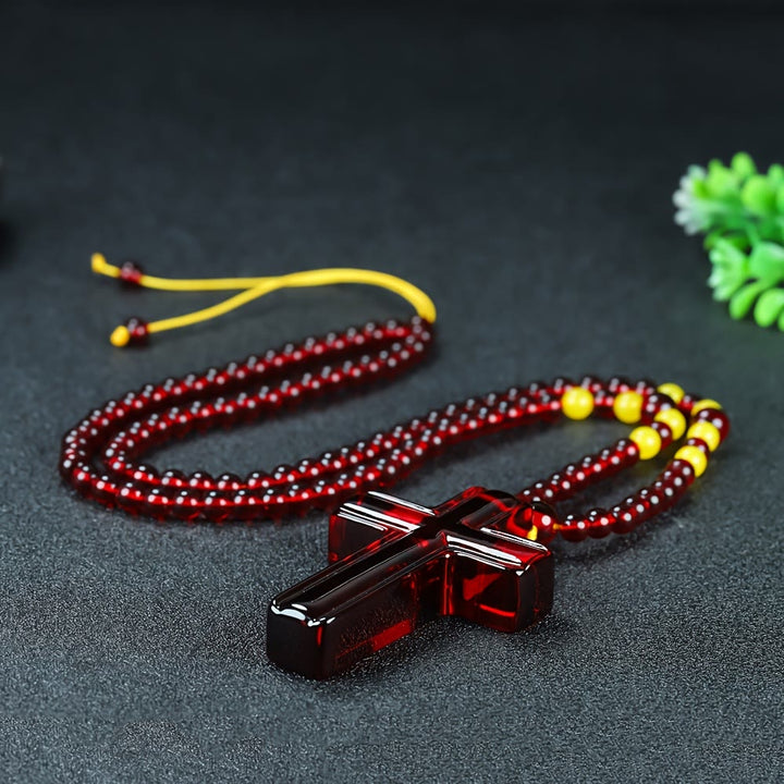 Christianartworkshop Solid Glossy Resin Amber-Style Cross Pendant with Alternate Bead Adjustable Cord Necklace - image 2