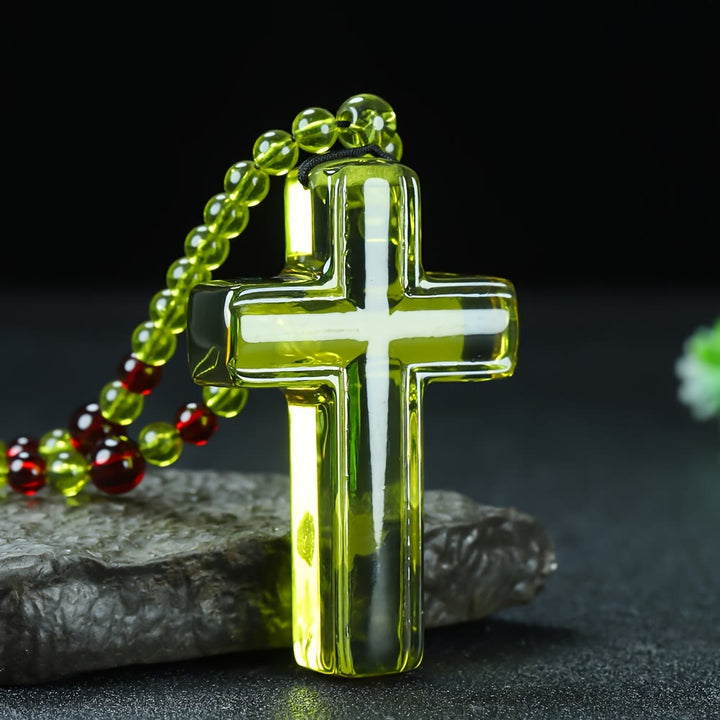 FREE Today: Solid Glossy Resin Amber-Style Cross Pendant with Alternate Bead Adjustable Cord Necklace - Green - image 3