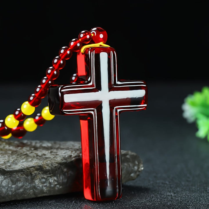 FREE Today: Solid Glossy Resin Amber-Style Cross Pendant with Alternate Bead Adjustable Cord Necklace - Red - image 0