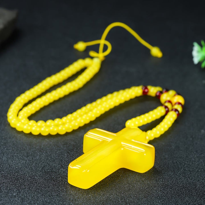 FREE Today: Solid Glossy Resin Amber-Style Cross Pendant with Alternate Bead Adjustable Cord Necklace - Yellow - image 5