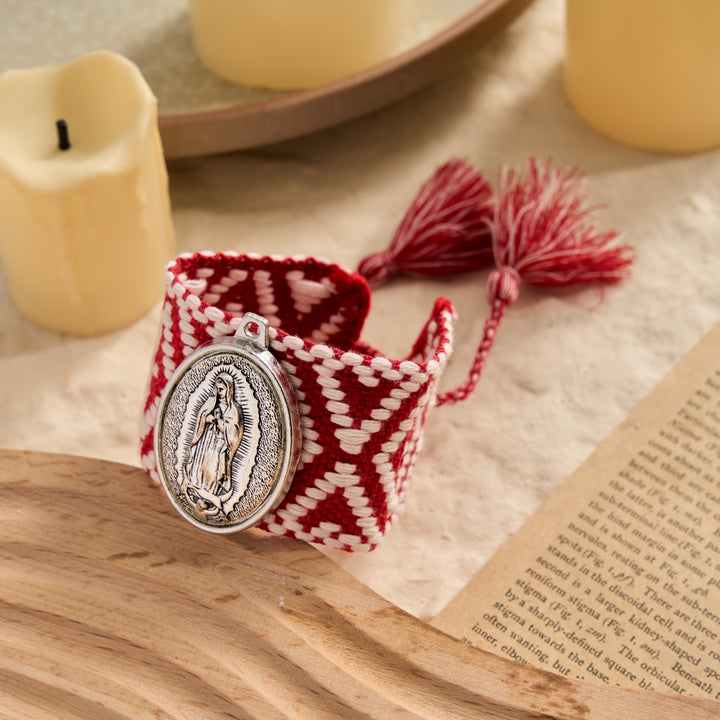 FREE Today: Vintage Embossed Oval Our Lady Charm Woven Tassel End Wrap Bracelet: A Reminder of Motherly Blessing - Red - image 2