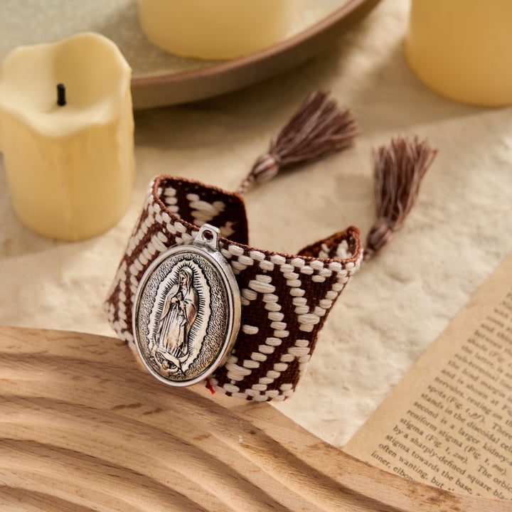 FREE Today: Vintage Embossed Oval Our Lady Charm Woven Tassel End Wrap Bracelet: A Reminder of Motherly Blessing - Brown - image 3