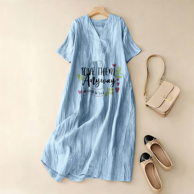 Christianartworkshop "Love Them Anyway" Matthew 5:44 Heart Leaf Print V-Neck Short Sleeve Midi Dress - image 14