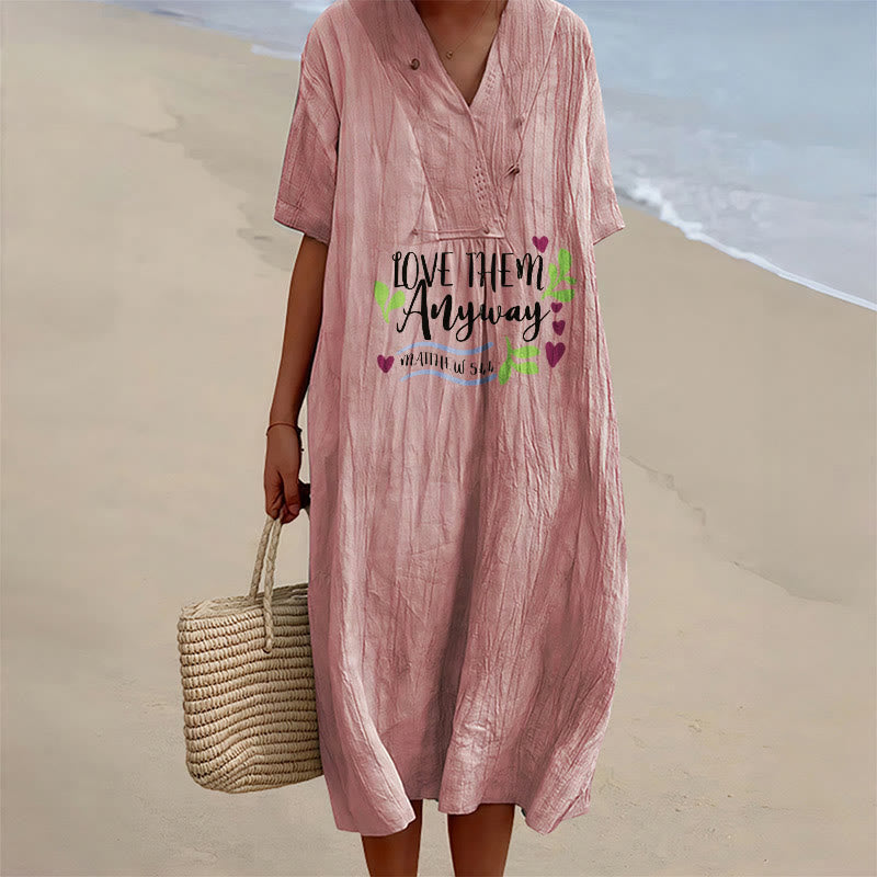Christianartworkshop "Love Them Anyway" Matthew 5:44 Heart Leaf Print V-Neck Short Sleeve Midi Dress - Pink - 4XL - image 6