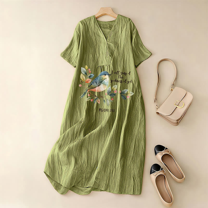 Christianartworkshop "I Will Sing Of The Goodness Of God" Psalm 89:1 Bird Branch Print V-Neck Short Sleeve Midi Dress - image 7