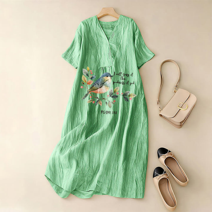 Christianartworkshop "I Will Sing Of The Goodness Of God" Psalm 89:1 Bird Branch Print V-Neck Short Sleeve Midi Dress - image 14