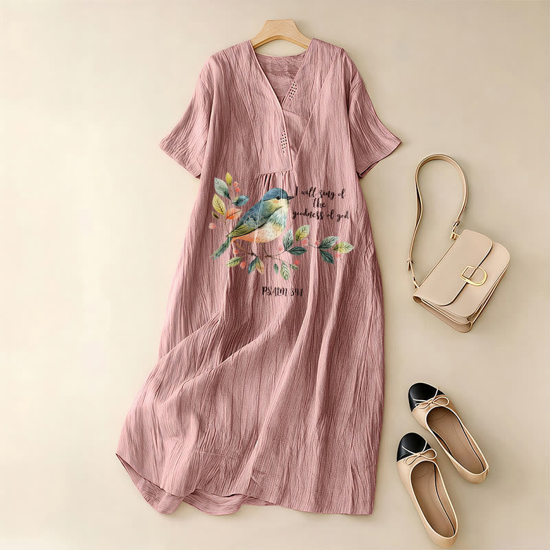 Christianartworkshop "I Will Sing Of The Goodness Of God" Psalm 89:1 Bird Branch Print V-Neck Short Sleeve Midi Dress - image 11