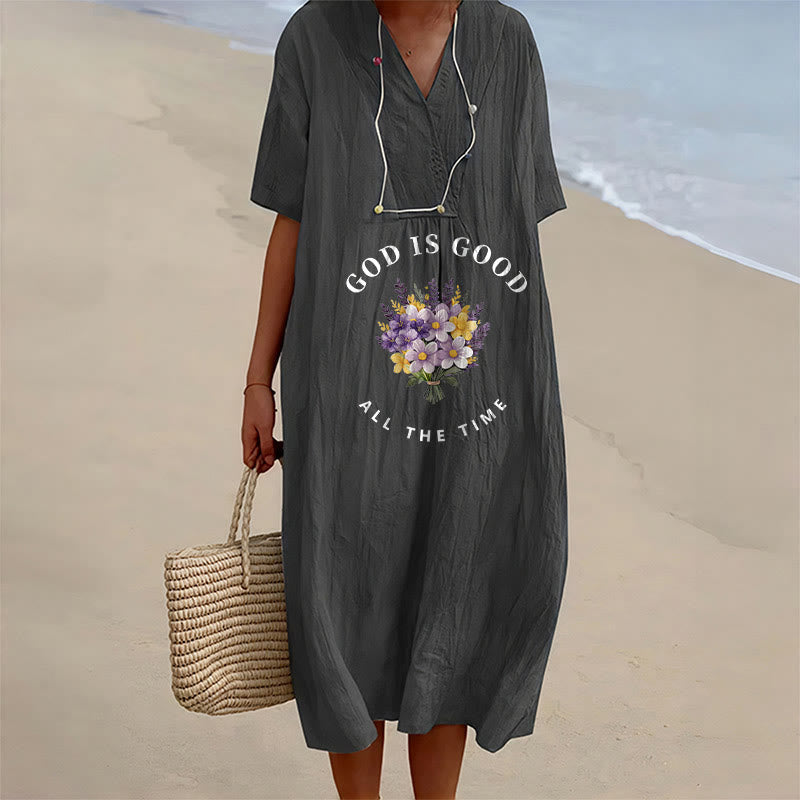 Christianartworkshop "God Is Good All The Time" Floral Bouquet Print V-Neck Short Sleeve Midi Dress - Black - 4XL - image 6