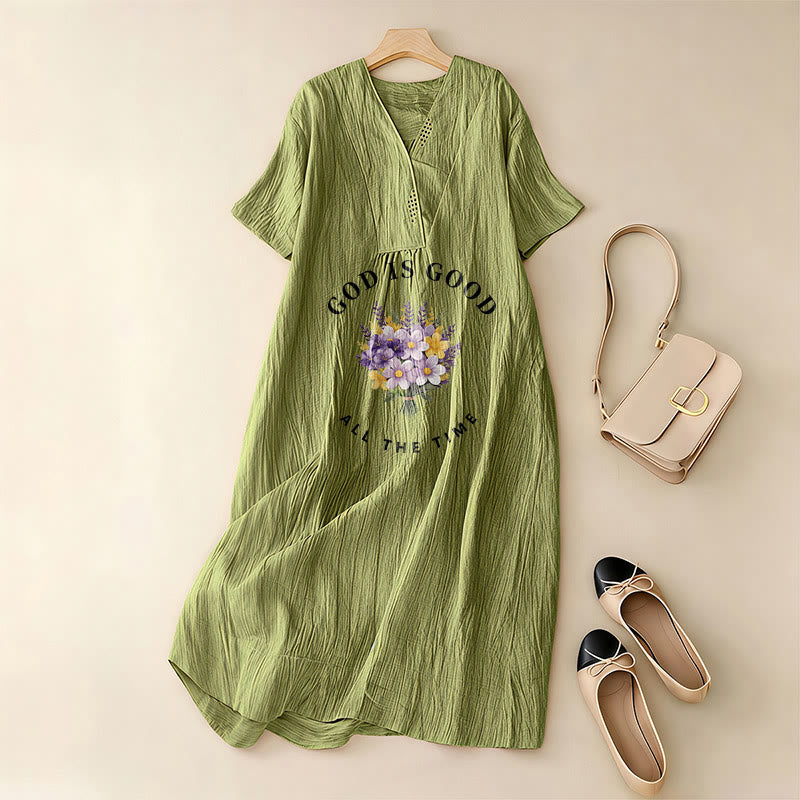 Christianartworkshop "God Is Good All The Time" Floral Bouquet Print V-Neck Short Sleeve Midi Dress - image 11