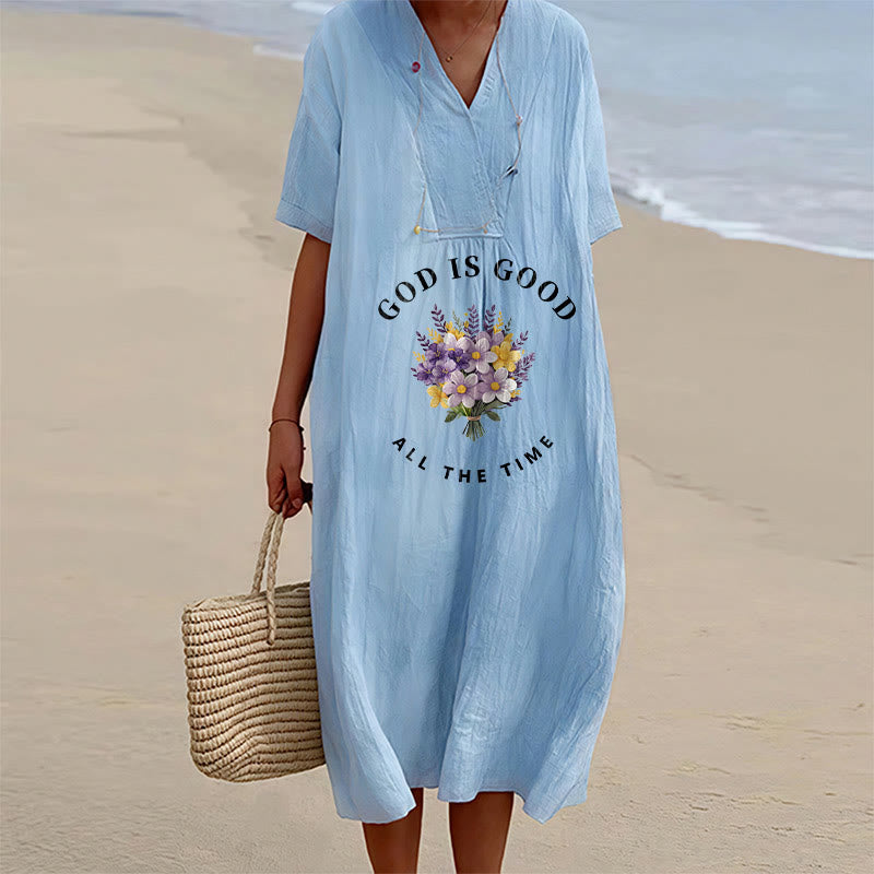Christianartworkshop "God Is Good All The Time" Floral Bouquet Print V-Neck Short Sleeve Midi Dress - Blue - 4XL - image 3