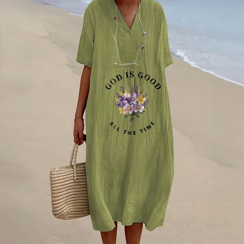 Christianartworkshop "God Is Good All The Time" Floral Bouquet Print V-Neck Short Sleeve Midi Dress - Olive Green - 4XL - image 9