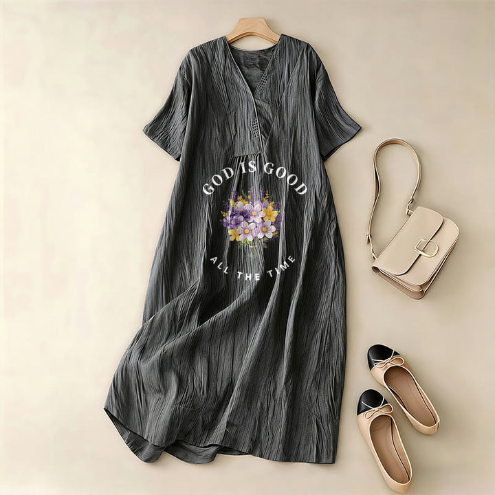 Christianartworkshop "God Is Good All The Time" Floral Bouquet Print V-Neck Short Sleeve Midi Dress - image 8