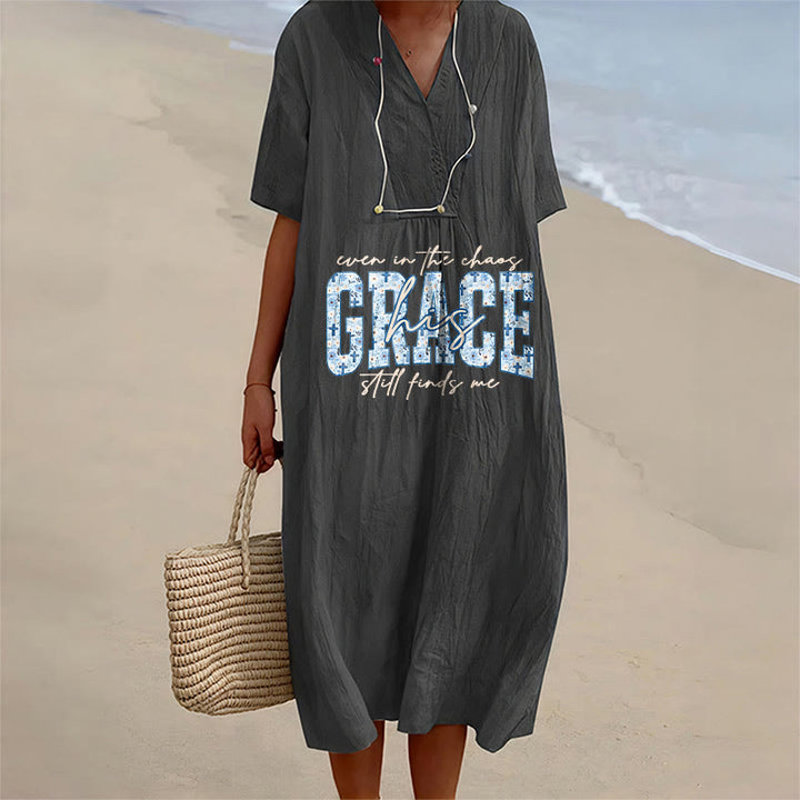 Christianartworkshop Classic "His Grace Still Finds Me" Plaid Print V-Neck Loose Midi Dress - Black - 4XL - image 0