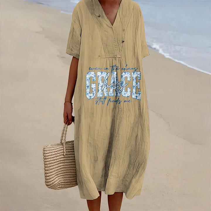 Christianartworkshop Classic "His Grace Still Finds Me" Plaid Print V-Neck Loose Midi Dress - Khaki - 4XL - image 15