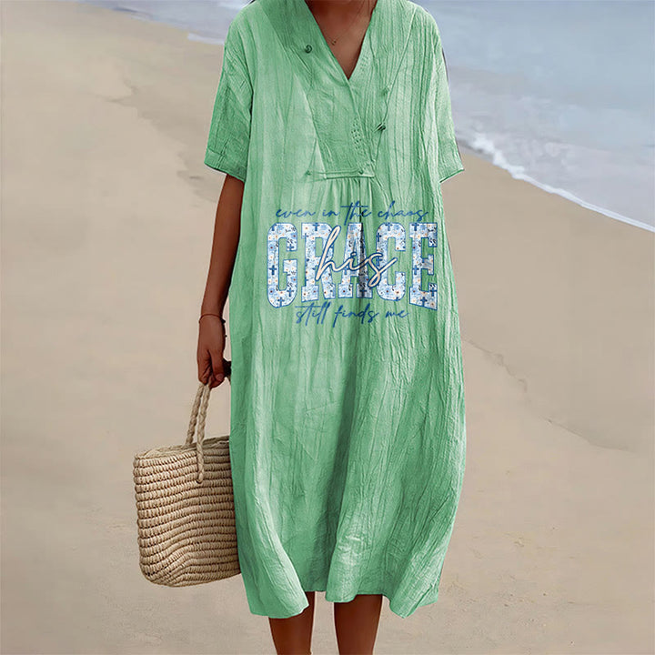 Christianartworkshop Classic "His Grace Still Finds Me" Plaid Print V-Neck Loose Midi Dress - Green - 4XL - image 12